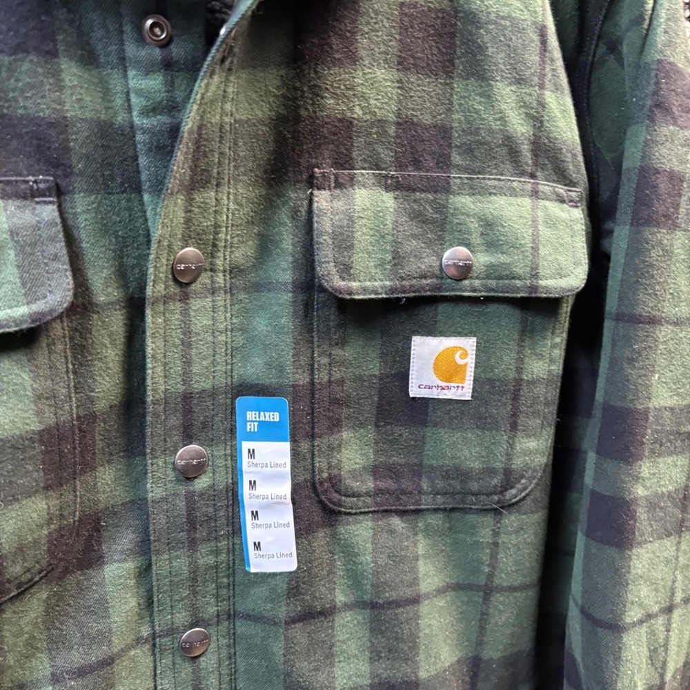 Carhartt Mens Relaxed Fit Sherpa Lined Plaid Shirt Jac Green Black Medium NWT - Picture 4 of 6
